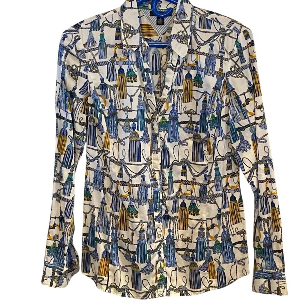 Tommy Hilfiger Blue & Gold Tassel Pattern Button Long Sleeve Up Shirt Old Money